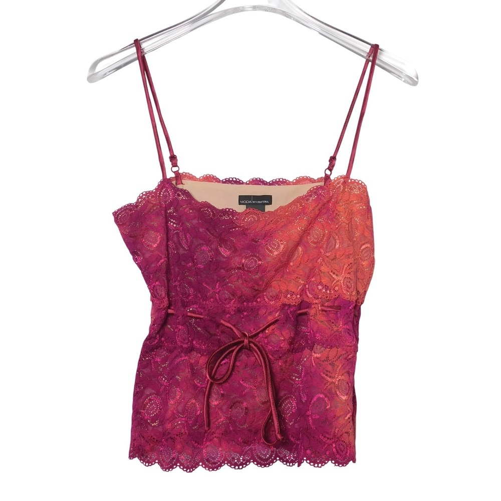 Moda International Pink Orange Ombre Lace Camisole Top Ribbon Tie Small USA